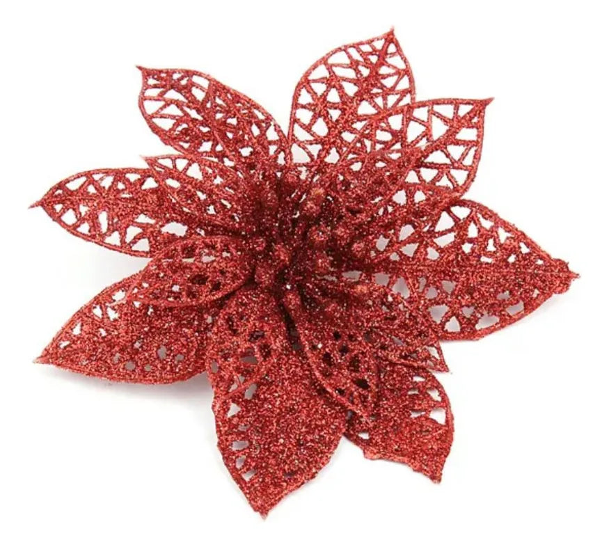 Kit C/ 12 Flor Natalina Decoração Árvore Natal Luxo Enfeite