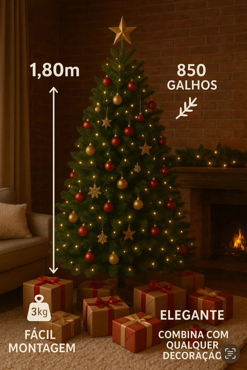 Árvore de Natal Tradicional Pinheiro Verde 1,80m 850 Galhos Cheios