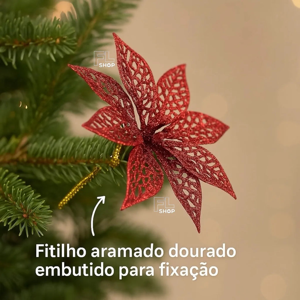Kit C/ 12 Flor Natalina Decoração Árvore Natal Luxo Enfeite