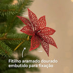 Kit C/ 12 Flor Natalina Decoração Árvore Natal Luxo Enfeite