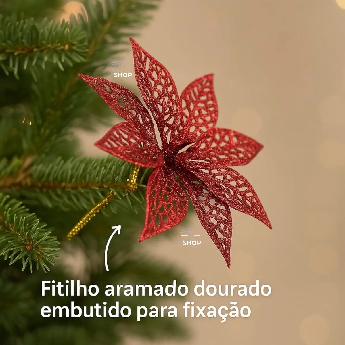 Kit C/ 12 Flor Natalina Decoração Árvore Natal Luxo Enfeite