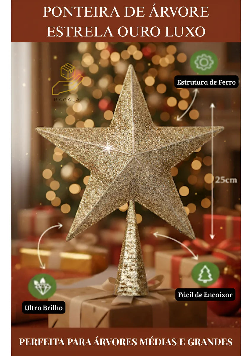 Estrela Ponteira Enfeite Luxo Topo Árvore De Natal 25x20cm Racala