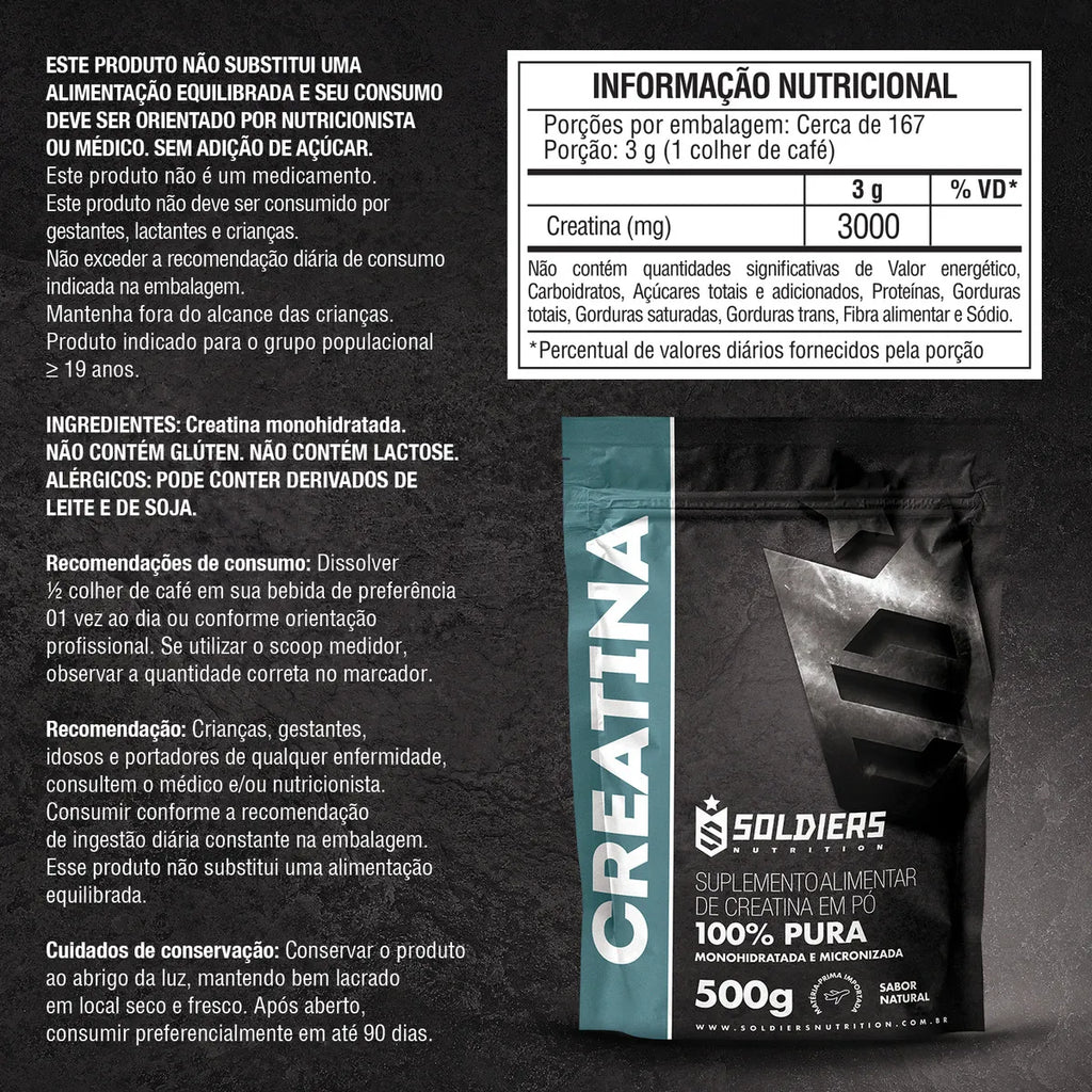 Creatina Monohidratada 500g Soldiers Nutrition 100% Pura Importada Alta Performance Músculo Treino