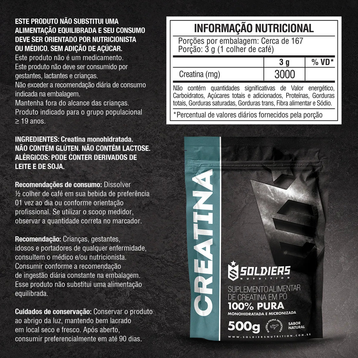 Creatina Monohidratada 500g Soldiers Nutrition 100% Pura Importada Alta Performance Músculo Treino