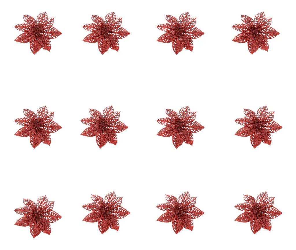 Kit C/ 12 Flor Natalina Decoração Árvore Natal Luxo Enfeite