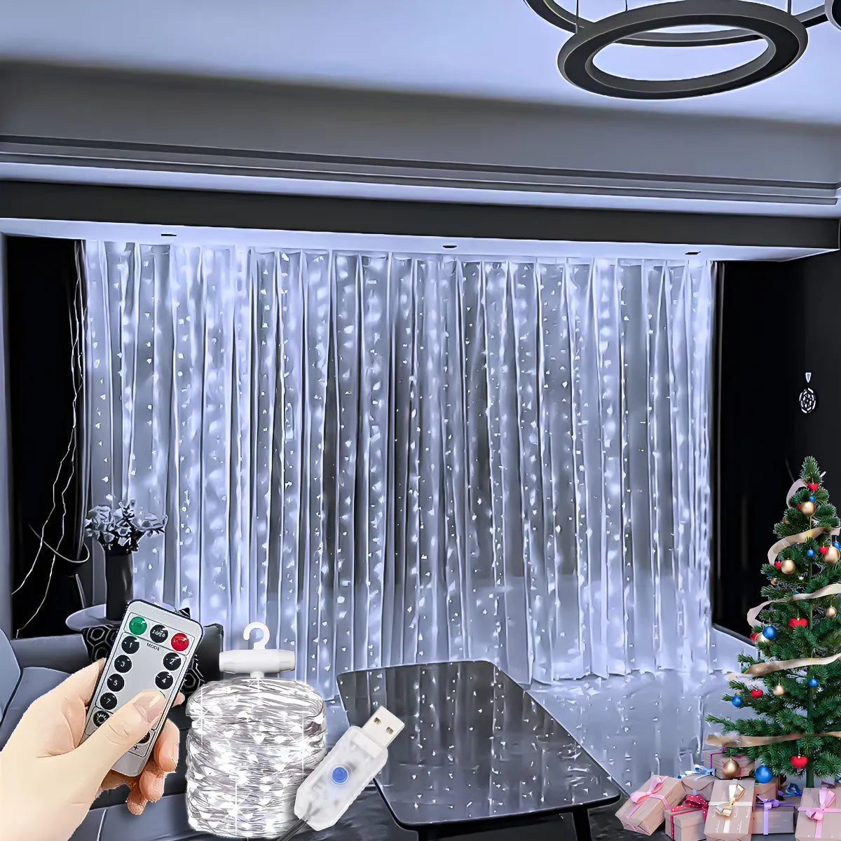 Cortina De Led 3x3m Com 300 Leds Brancas Fria, Decoração De Natal, Ano Novo, Casamento, Festas E Eventos Especiais Controle Remoto, 8 Modos, Fio De Cobre Para Quartos, Varandas, Janelas