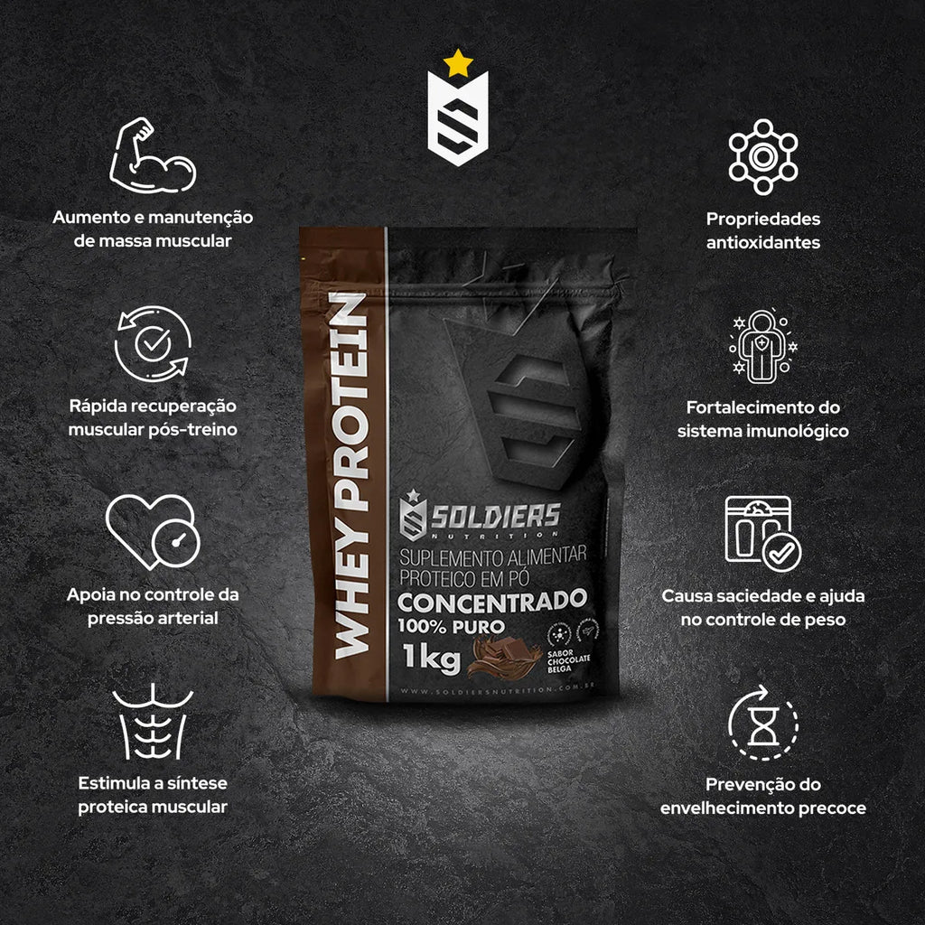 Whey Protein Concentrado 1kg Sabor Chocolate Belga Soldiers Nutrition Rico em Proteína Treino