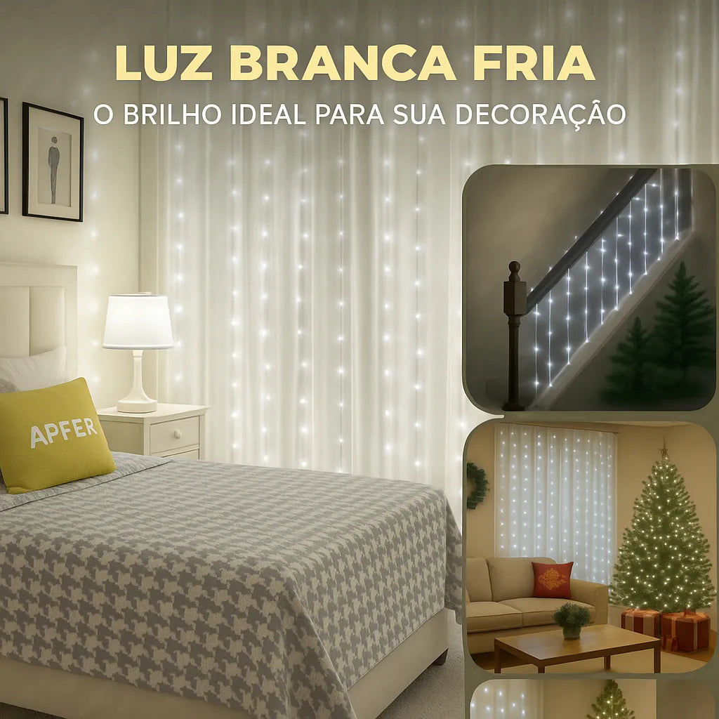 Cortina De Led 3x3m Com 300 Leds Brancas Fria, Decoração De Natal, Ano Novo, Casamento, Festas E Eventos Especiais Controle Remoto, 8 Modos, Fio De Cobre Para Quartos, Varandas, Janelas