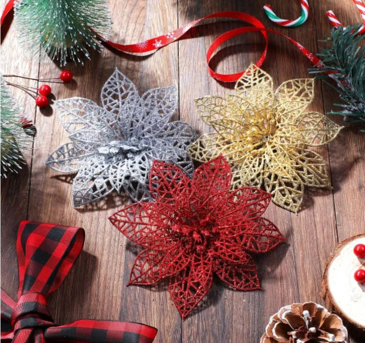 Kit C/ 12 Flor Natalina Decoração Árvore Natal Luxo Enfeite