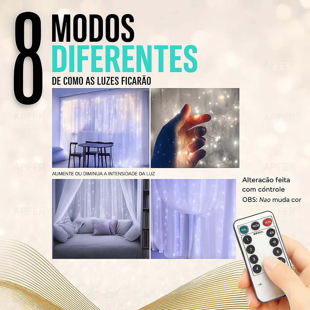 Cortina De Led 3x3m Com 300 Leds Brancas Fria, Decoração De Natal, Ano Novo, Casamento, Festas E Eventos Especiais Controle Remoto, 8 Modos, Fio De Cobre Para Quartos, Varandas, Janelas