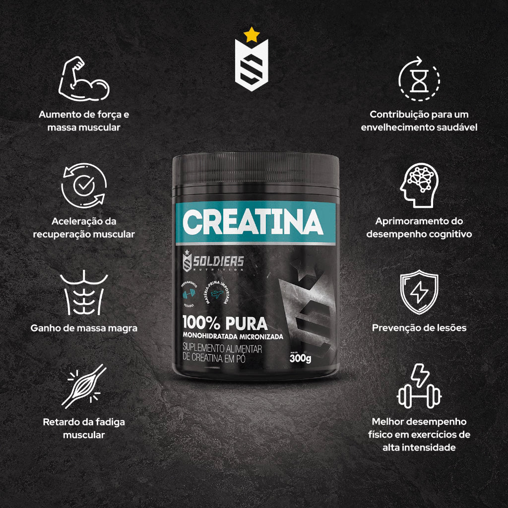 Creatina Monohidratada Pote 300g 100% Pura Importada Soldiers Nutrition Suplemento Performance Muscular Força