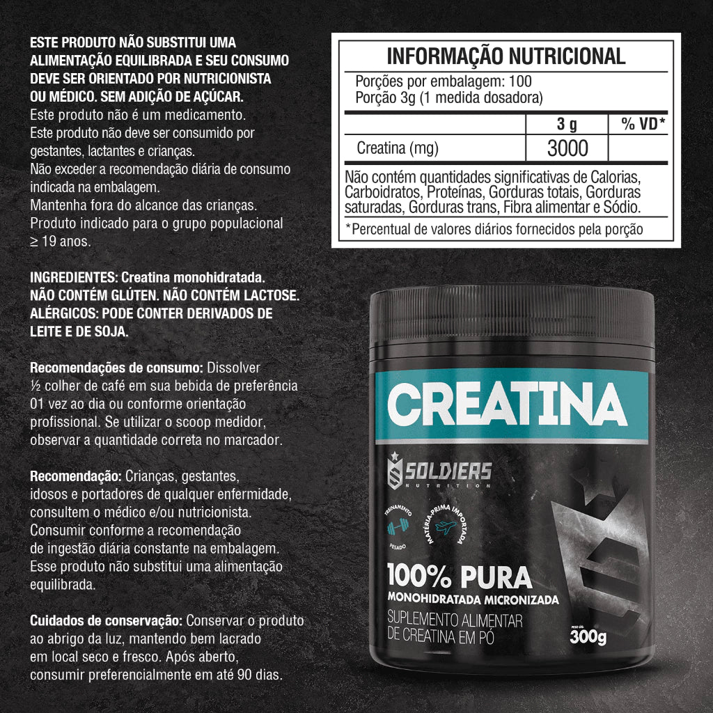 Creatina Monohidratada Pote 300g 100% Pura Importada Soldiers Nutrition Suplemento Performance Muscular Força